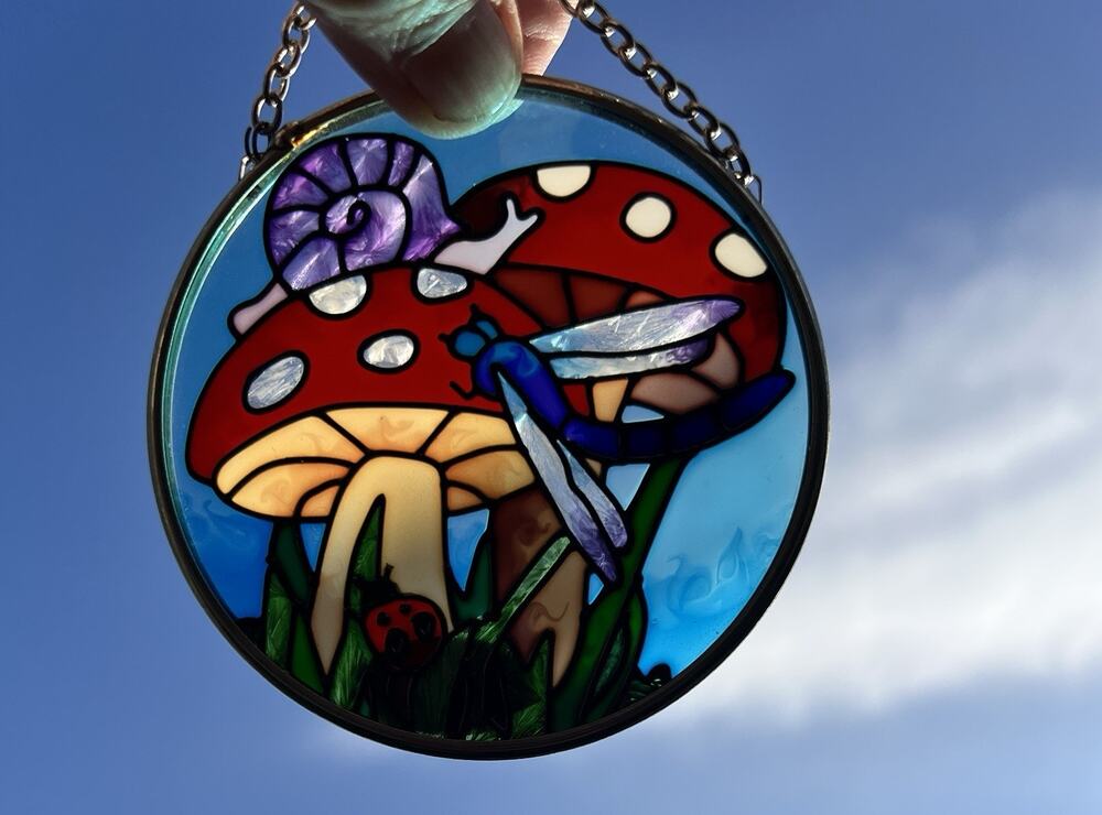 Joan Baker Designs Stained Glass Snail, Dragon Fly And Mushrooms